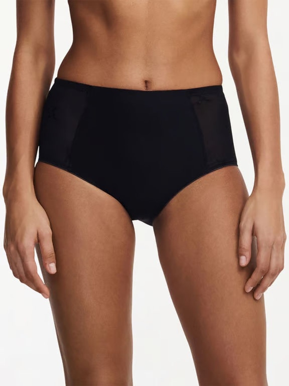 Smoothing High-Waist Booty Short Bikini Bottom with Mesh Panels